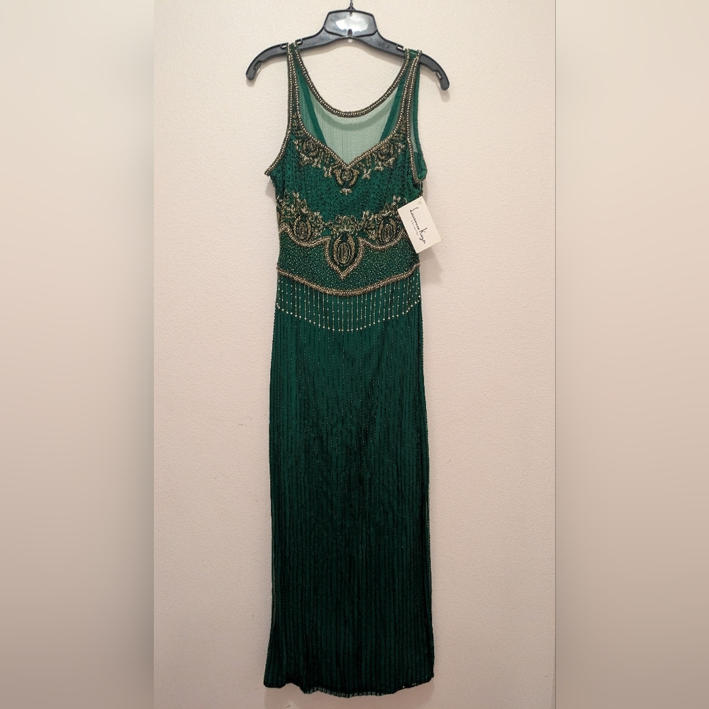 Laurence Kazar Green Embellished Cap Sleeve Gown